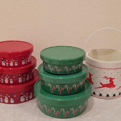 Lot 234: Nesting Holiday Storage Bowls and Vintage Ice Bucket