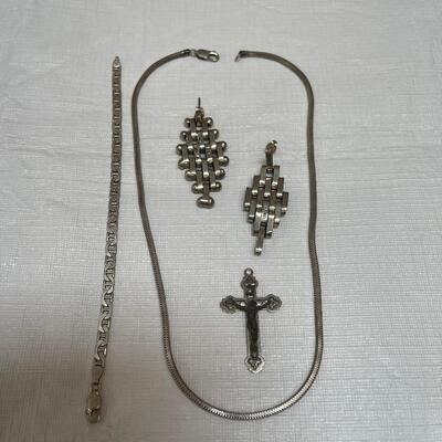 Lot 262 - Sterling Silver Necklace, Earrings, Bracelet and Silver Colored Cross