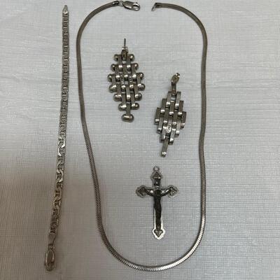 Lot 262 - Sterling Silver Necklace, Earrings, Bracelet and Silver Colored Cross
