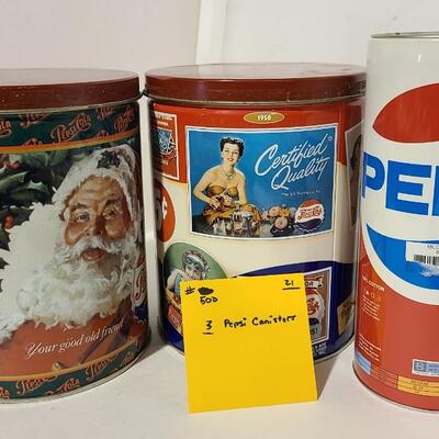 3 Pepsi Canisters Metal with Lids  -Item# 500