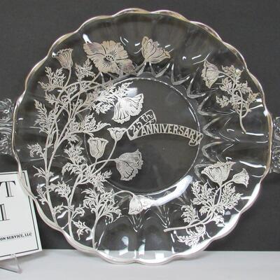 Very Pretty Silver Deposit Flowers on New Martinsville Janice Handled Tray