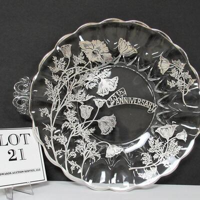 Very Pretty Silver Deposit Flowers on New Martinsville Janice Handled Tray