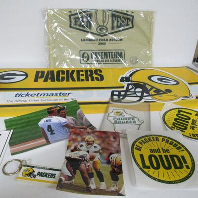 Green Bay Packers Misc Lot, Fold Out Banner, Photos, Stickers, Key Ring, Pocket Protector, Bag