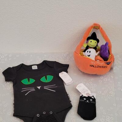 Lot 354: Black Cat Onsie and Socks and Baby's 1st Halloween Plush Toy