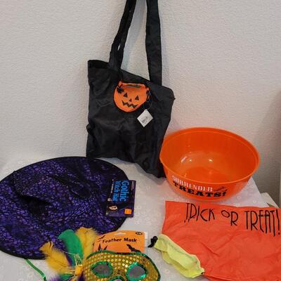 Lot 369: Halloween Treat Bowl, Bags, Witch Hat and Mask