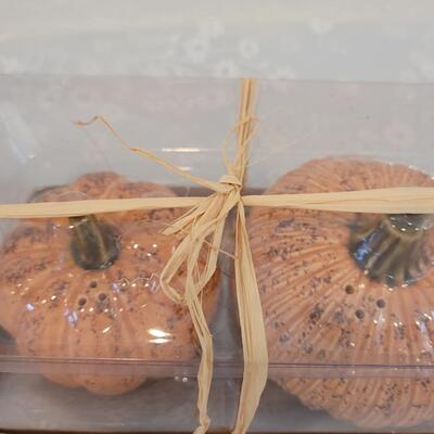 Lot 373: Fall Candle Holders, Salt & Pepper Shakers and Small Pumpkin Dish with Lid