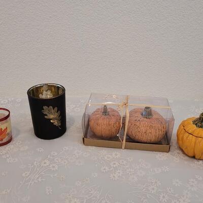 Lot 373: Fall Candle Holders, Salt & Pepper Shakers and Small Pumpkin Dish with Lid