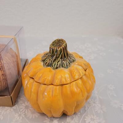 Lot 373: Fall Candle Holders, Salt & Pepper Shakers and Small Pumpkin Dish with Lid