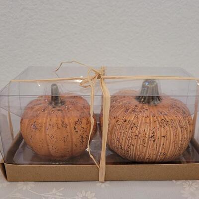 Lot 373: Fall Candle Holders, Salt & Pepper Shakers and Small Pumpkin Dish with Lid