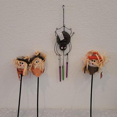 Lot 379: Spider Wind Chime and Scarecrow Deco for Potted Plant or Arrangement