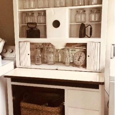 Hoosier kitchen cupboard with enamel pull out top