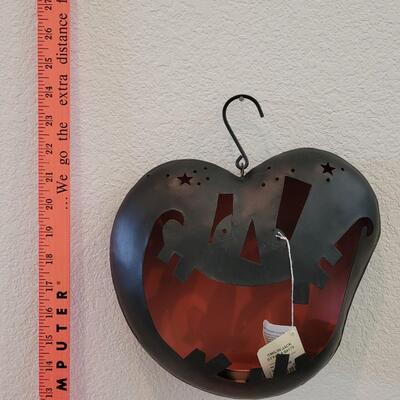 Lot 382: Metal Hanging Luminary Pumpkin, Small Candles and Foam Pumpkin Deco