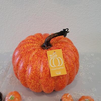 Lot 382: Metal Hanging Luminary Pumpkin, Small Candles and Foam Pumpkin Deco