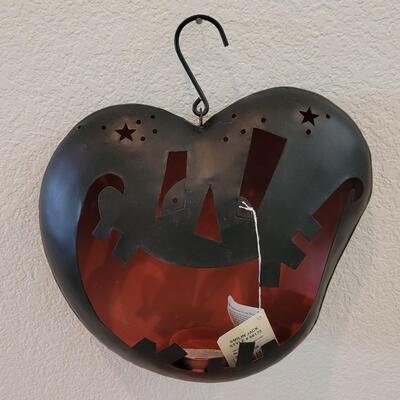 Lot 382: Metal Hanging Luminary Pumpkin, Small Candles and Foam Pumpkin Deco