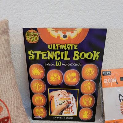 Lot 386: Fall Pillow, Pumpkin Carving kits, Stencils and Decorating Kit