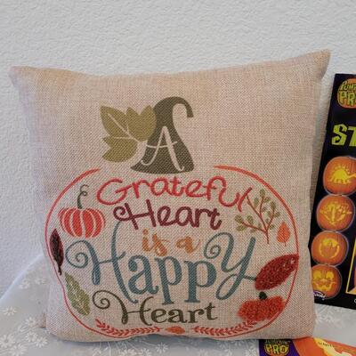 Lot 386: Fall Pillow, Pumpkin Carving kits, Stencils and Decorating Kit