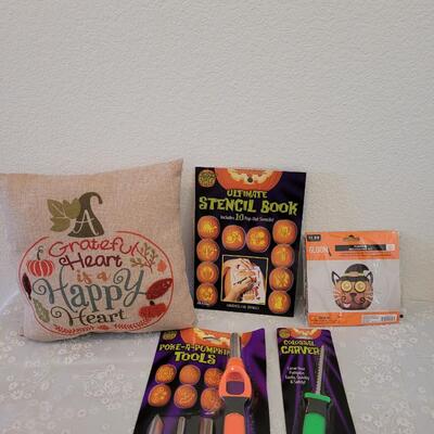 Lot 386: Fall Pillow, Pumpkin Carving kits, Stencils and Decorating Kit