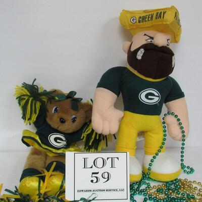 GB Packers Vintage 1990s Cheesehead Guy and Plush Girl Bear Cheerleader, Pompoms, Beads