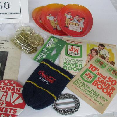 Misc Lot of Stuff: Red Cross Cotton Box, 2 Pinback Buttons, Coca Cola Thing, Norman Rockwell Trays, More