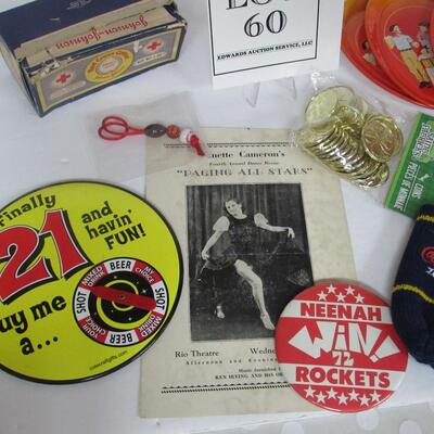 Misc Lot of Stuff: Red Cross Cotton Box, 2 Pinback Buttons, Coca Cola Thing, Norman Rockwell Trays, More