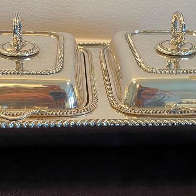 #16 Silver Divided Serving Dish with feet and Lid. 