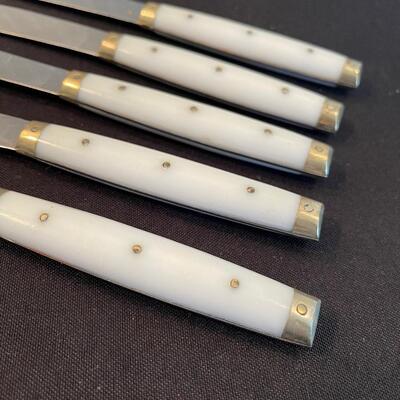 #54 (5) White and Brass Handled Steak Knives from France