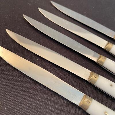 #54 (5) White and Brass Handled Steak Knives from France
