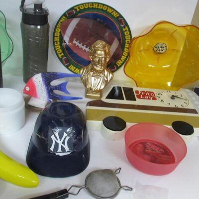 Misc Lot of Stuff Plastic Bowls, Packers Plate, Small Wood Wall Shelf, Lincoln Avon Bottle, More