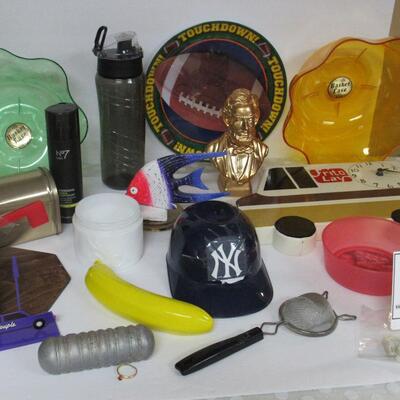 Misc Lot of Stuff Plastic Bowls, Packers Plate, Small Wood Wall Shelf, Lincoln Avon Bottle, More