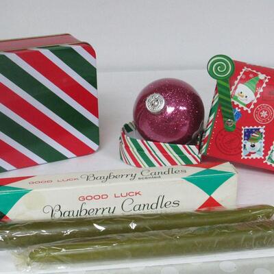 Xmas Lot #1 Unused BayBerry Taper Candles, Pink Boss Glass Ornament, More