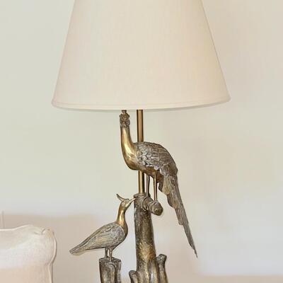 Lot 1  Vintage MCM White Washed Brass Peacock Table Lamp