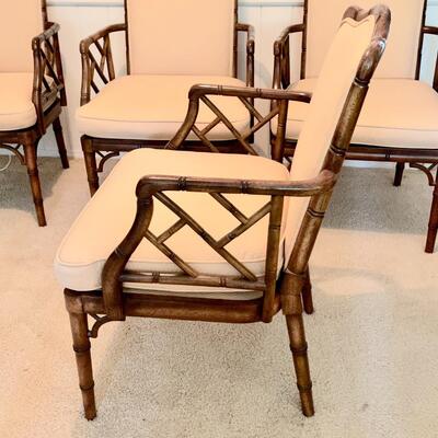Lot 10  Vintage Iconic 70s Design Faux Bamboo Upholstered Arm Chairs Set of 4