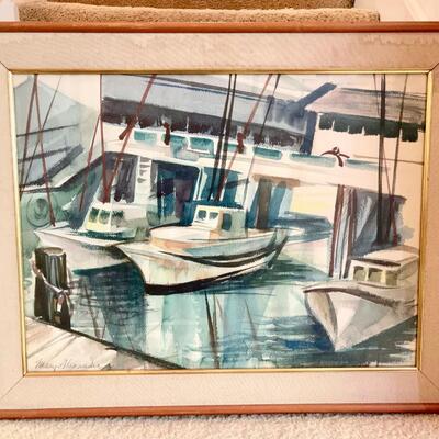 Lot 14  Framed MCM Water Color Painting Boats Signed Mary Alexander 