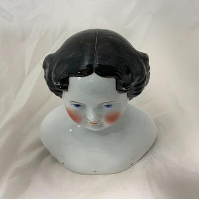 [38] ANTIQUE | Black-Haired China Doll Shoulder-Head | All Original | Flat Top