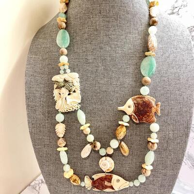 Lot 19   Asian Style Statement Necklace Carved Bone & Jade