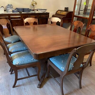 #104 Antique Mahogany Table. Refinished!  Plus 8 Matching Chair. Reupholstered 