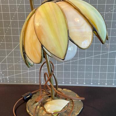 #114 Slag Glass & Brass Flower lamp