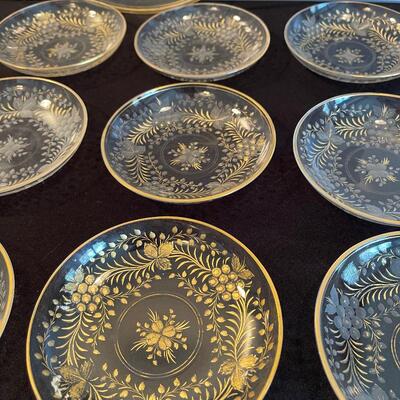 #138 Etched Glass Gold Decorated Platter and (12) Berry Bowls 