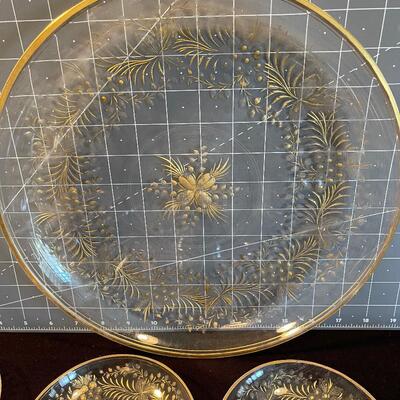 #138 Etched Glass Gold Decorated Platter and (12) Berry Bowls 