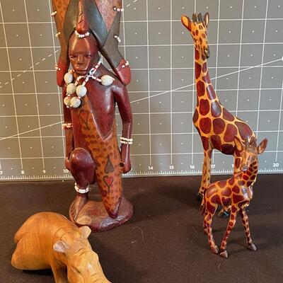 #143 Wood Carved African: Human, Giraffe, Hippo