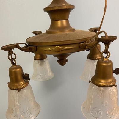 #176B Antique Brass Toned Light Fixture with Glass 