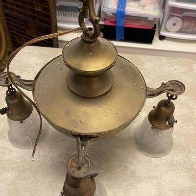 #176B Antique Brass Toned Light Fixture with Glass 