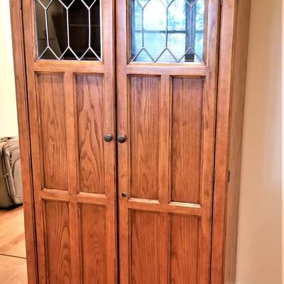 Lot #100  Contemporary Mission Style Computer Chest with Leaded glass doors