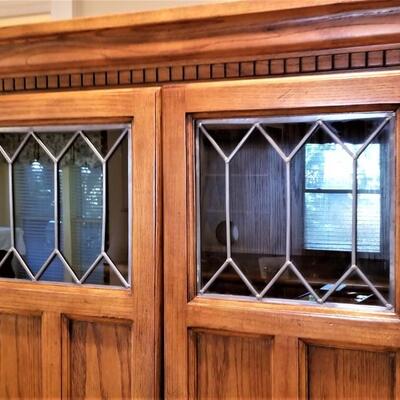 Lot #100  Contemporary Mission Style Computer Chest with Leaded glass doors