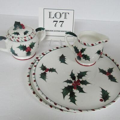 Vintage Lefton Dishes, Holly and Candy Cane Sugar and Creamer and 2 Snack Plates