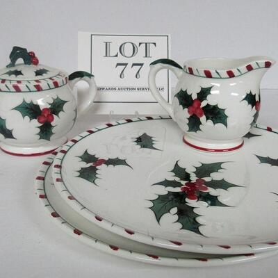 Vintage Lefton Dishes, Holly and Candy Cane Sugar and Creamer and 2 Snack Plates