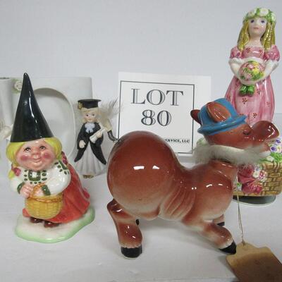 Lot of Older Figurines, Lefton Music Box, Gnome, Enesco Picture Frame, Nodding Donkey