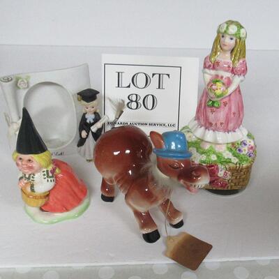 Lot of Older Figurines, Lefton Music Box, Gnome, Enesco Picture Frame, Nodding Donkey