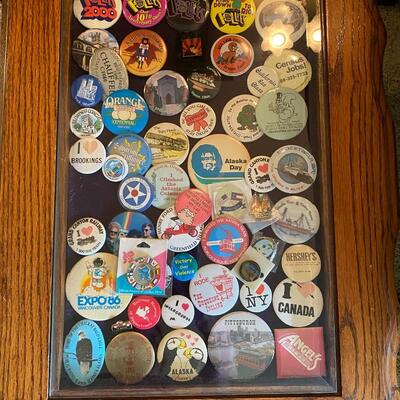 Vintage Display Coffee Table Filled with Vintage Buttons & Pins Political Disney OC Fair Misc
