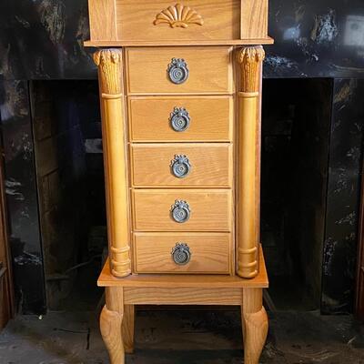Country Blonde Oak Jewelry Armoire, Cabriolet Legs, Drawers, Side Panels swing out